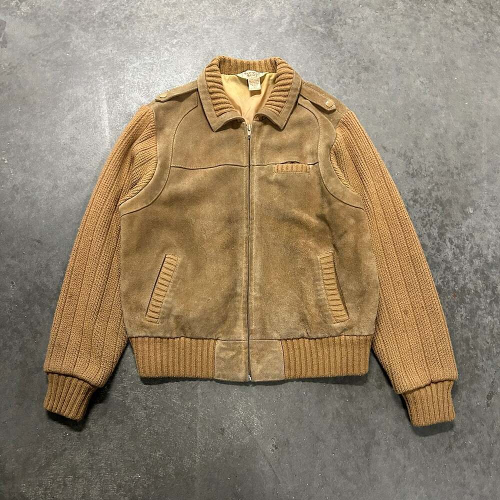 Vintage Country Craft Genuine Leather Suede & Knit Bomber Jacket Tan Men's Large